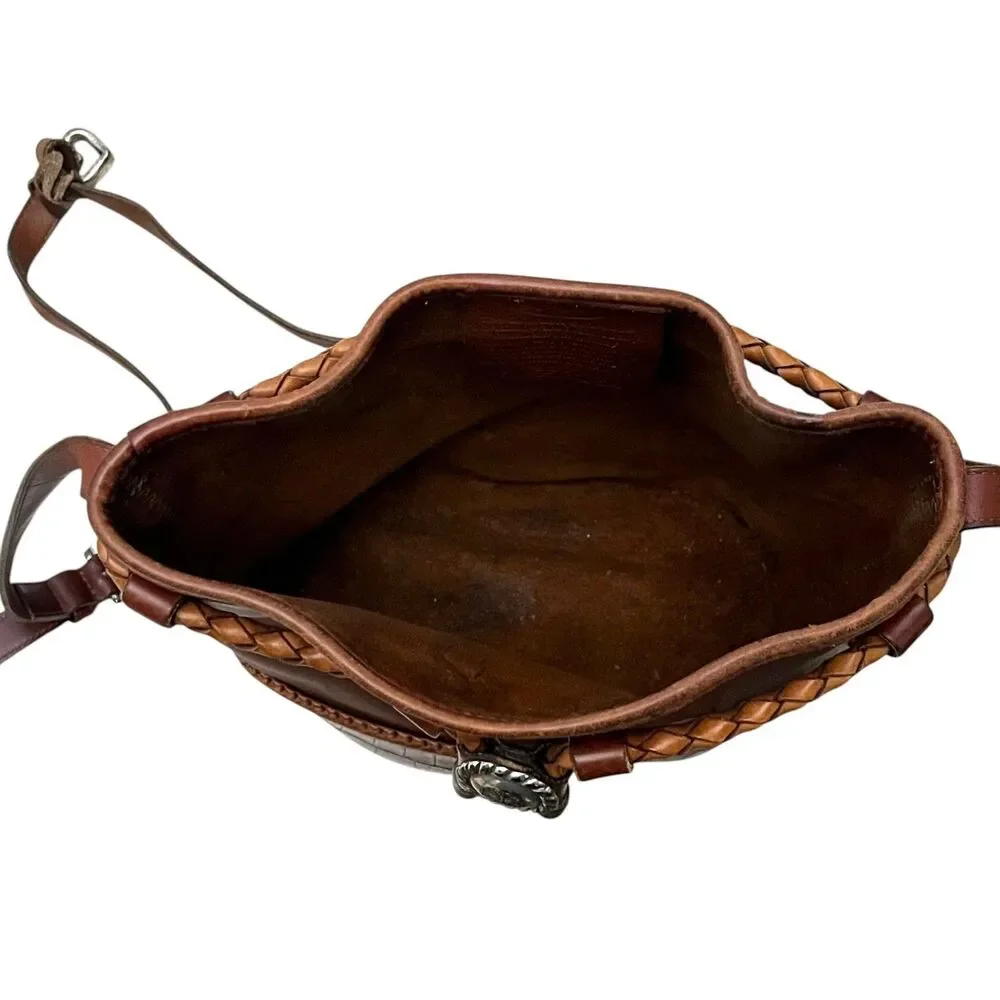 Brighton Vintage Brown Leather Bucket Bag Drawstring Crossbody Croc Trim Concho - Picture 5 of 11